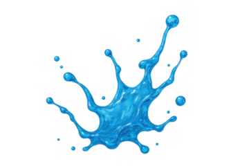 Blue liquid splash forming abstract crown shape with droplets, clear fluid motion isolated on transparent background