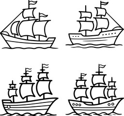 Sailing ships drawings set vintage vessel icons black and white