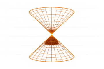 Light cone diagram showing future and past events, illustrating causality and relativity in a 3d wireframe geometric structure