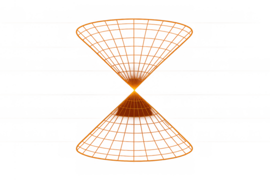 Light cone diagram showing future and past events, illustrating causality and relativity in a 3d wireframe geometric structure