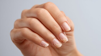 Fototapeta premium Visible damage to nails after gel manicure removal captured in soft studio lighting