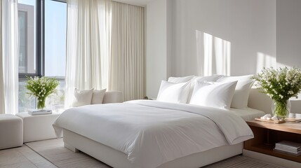 Serene modern bedroom sanctuary bathed in soft sunlight, offering ultimate comfort and tranquil relaxation for luxurious living.