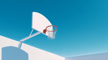 Vibrant blue sky frames a crisp white basketball hoop and backboard on a sunny day, evoking outdoor sport and recreation.