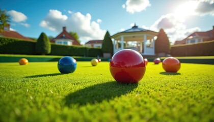 Colorful lawn bowls rest on green outdoor bowling field. Bright sunlight creates long shadows. White gazebo, houses, hedges are in background under blue sky. This illustration shows fun outdoor game.