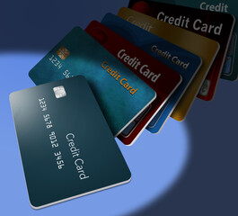 Generic mock credit cards, one in the spotlight, are seen in this 3-d illustration about debit and credit cards.