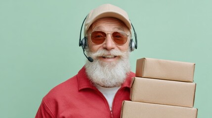 Santa Claus delivers parcels in a red outfit with headset and sunglasses against a mint green background