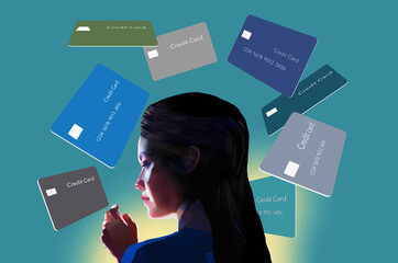 A group of credit cards swirl overhead in this 3-D illustration about a beautiful woman choosing the right credit card.