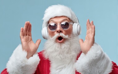 Obraz premium Santa Claus dances with surprise wearing stylish sunglasses and headphones against a blue backdrop in a festive celebration moment