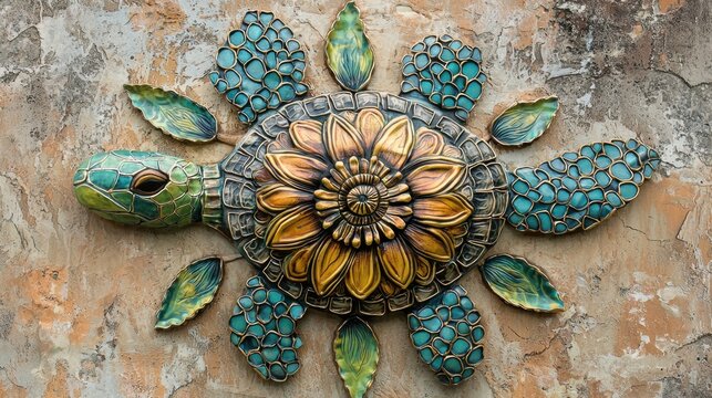 Colorful turtle wall art featuring a sunflower design displayed on a textured wall in a sunny outdoor setting