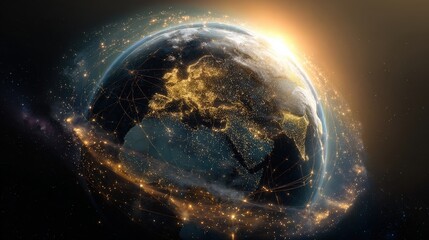 Global Network Connections: Visualize the interconnectedness of our planet with this captivating image of Earth enshrouded in a web of global networks, representing communication, data flow.