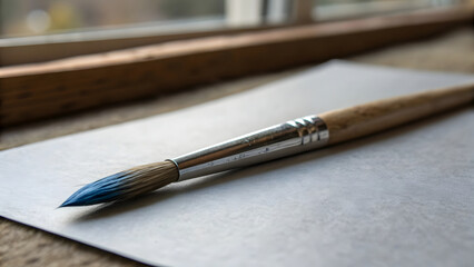 Fototapeta premium A single high-quality paintbrush resting diagonally on a smooth, neutral-toned surface—soft gray paper or raw wood