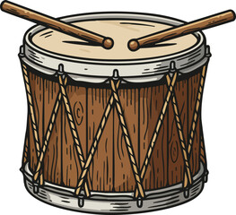 Wooden Drum with Drumsticks Hand-Drawn Vintage Music Instrument for Percussion Sound Illustration Vector 