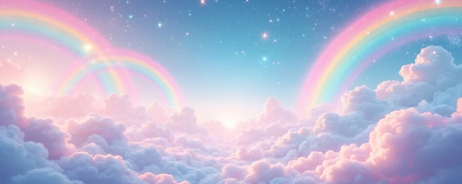 Soft pastel clouds drift under a bright sky with double rainbows and twinkling stars. Dreamy, ethereal, magical sky scene creates a whimsical atmosphere perfect for fantasy themes and children.