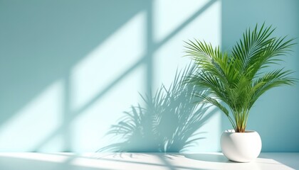 Green palm plant stands in white pot. Bright sunlight casts strong geometric shadows, distinct leaf patterns on light blue wall, white floor. Minimalist tropical decor creates calm scene, simple