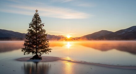 Lone evergreen tree reflects golden sunrise over calm lake mountains horizon serene nature scenery