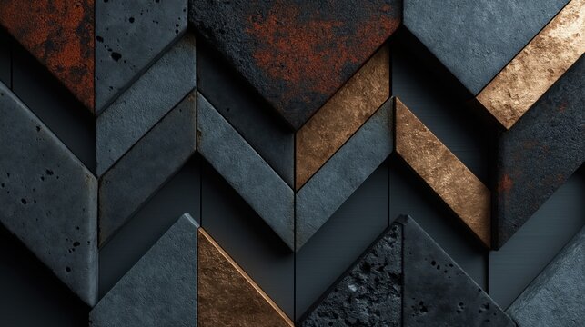 異なる質感のコンクリートと金属が織りなすシェブロンパターンのモダンな壁面テクスチャ | Modern wall texture background featuring a chevron pattern of concrete and oxidized metallic materials
