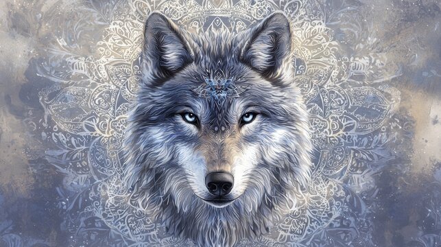 Majestic wolf illustration with intricate mandala background showcasing a blend of nature and art in winter colors