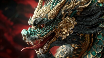 Colorful dragon sculpture adorned with intricate details showcasing craftsmanship and mythical elements