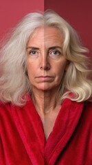 Fototapeta premium Portrait of a mature woman showcasing dual perspectives on aging emphasizing timeless beauty and resilience through contrasting expressions and textures in a striking setting