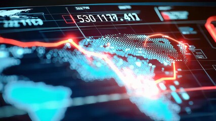 Digital chart showing financial market decline with glowing red line over world map, symbolizing global economic crisis - Powered by Adobe