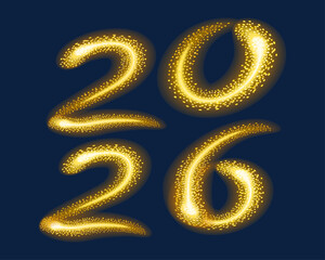 Burning sparkling text 2026 with golden lights. Rotating firework lights in the night. Yellow sparks form a glowing numbers 2026. Happy New year. Vector template for calendar, greeting card or banner