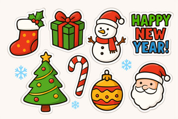 Colorful New Year sticker set with Santa, snowman, Christmas tree, gifts, candy cane, ornament, stocking, and 'Happy New Year!' text.