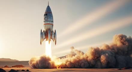 Rocket launching from desert with smoke and fire