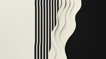 Naklejka premium Black and white abstract design with wavy patterns and vertical lines creating visual depth and contrast