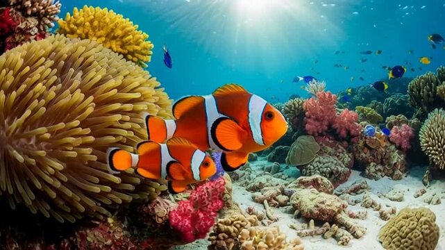 Clownfish Family in Vibrant Coral Reef Habitat