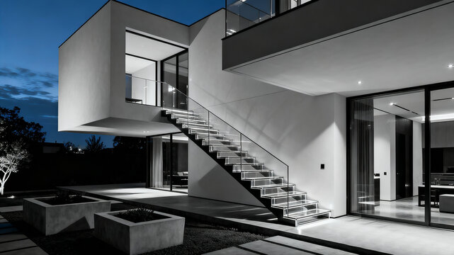 Modern minimalist house at dusk, featuring geometric shapes, glass railings, and illuminated stairs. The sleek design conveys elegance and tranquility. - Powered by Adobe