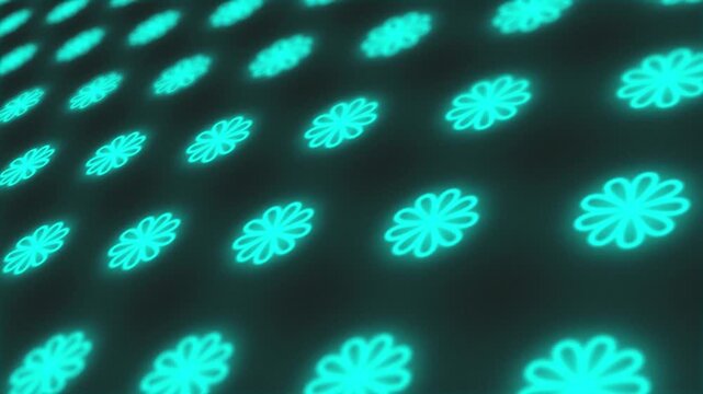 Blue neon flowers lights. Computer generated seamless loop absrtact background. 3D render seamless loop animation