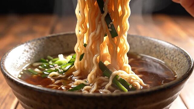 Lifting from a dark broth, a tangle of noodles is raised elegantly with chopsticks.