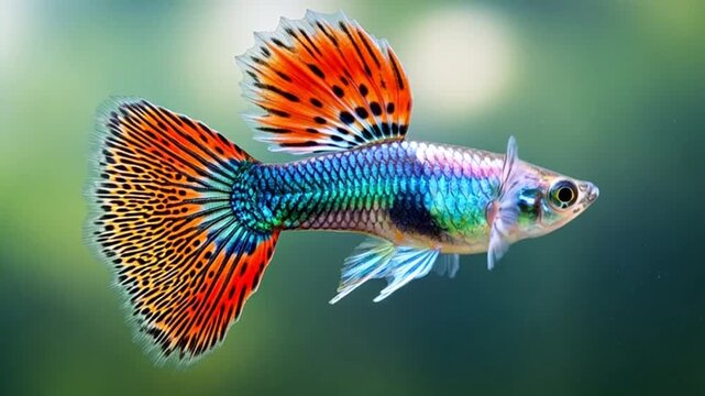 Vibrant Male Guppy Fish Swimming Underwater with Colorful Tail and Fins