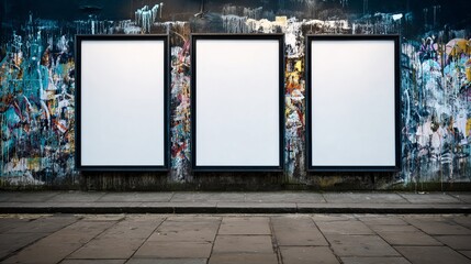 Three blank billboards attached to a graffiti-covered urban wall ready for your impactful advertising messages and creative designs.