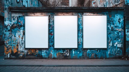 Bold urban canvas awaits your message three blank billboards on a graffiti-covered wall ready for impactful advertisement or artistic expression