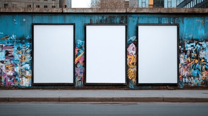 Fototapeta premium Three blank billboards on a graffiti-covered urban wall present a dynamic canvas for your striking advertising campaign or artistic expression.
