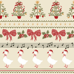 Vintage Christmas striped seamless pattern with goose, red bow knots, ribbons, fir tree, music melody. Vector retro winter holiday wallpaper, cute cottagecore print, hand drawn New Year background. © Tani Kuzminka