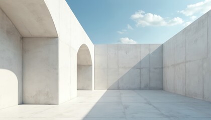 Obraz premium Illustration of modern minimalist architecture with concrete walls and clear blue sky. Empty space has arches and shadows. This abstract visual evokes tranquility and aesthetic appeal.