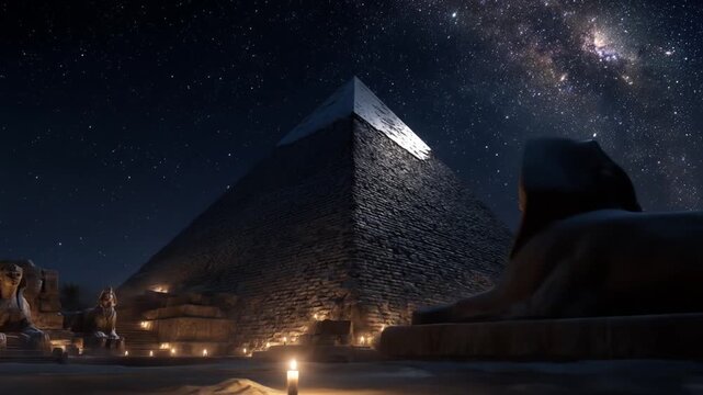 Ancient stone pyramid and guardian statue under a breathtaking starry night sky with Milky Way galaxy view, mystical desert scene.