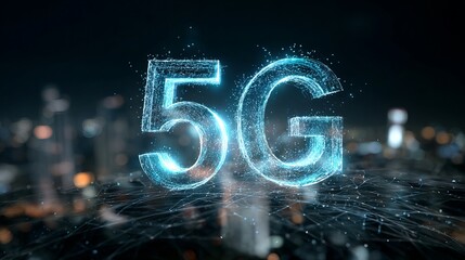 Dynamic 5G network visualization glowing with futuristic energy against a blurred city skyline at night, symbolizing advanced connectivity and speed