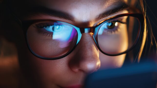 Close-up of a focused young woman wearing stylish glasses engaging with her smartphone in a low-lit environment highlighting the interplay between digital life and personal connection