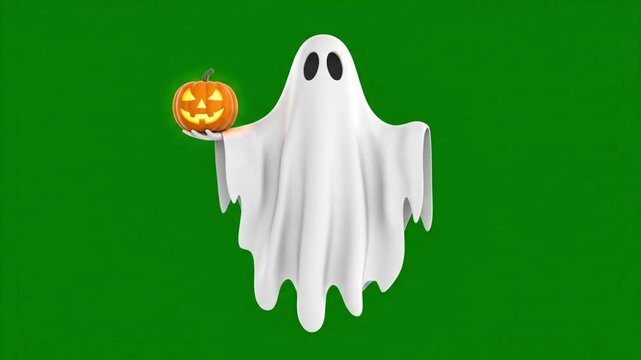 Flying Classic Ghost with Pumpkin Lantern on Green Screen 4k Stock Video
