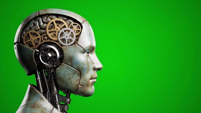 Industrial AI Robot Brain with Mechanical Parts &ndash; Surreal Steampunk Technology on Green Screen Background for Business, Marketing and Sales Use 4k Video