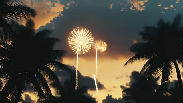 Fireworks explode brightly in the night sky, creating a stunning display above silhouetted palm trees. The palm trees frame the vibrant fireworks, evoking a festive atmosphere by t