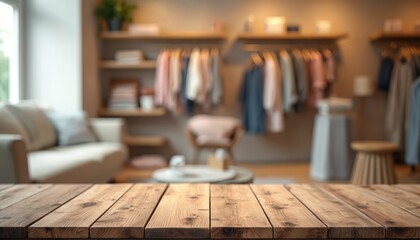 Empty wooden table in front of blurred clothing store interior. Rustic wood planks offer rustic surface for product placement. Soft focus background shows apparel racks and furniture.