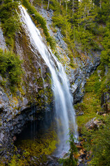 View of Narada Falls Along Green Forest at Mount Rainier
