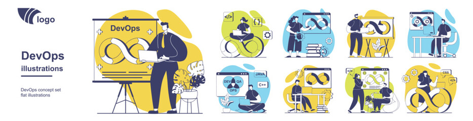 DevOps concept set for web design. Collection with people working with coding and management, using job integration practice, teamwork workflow with agile cycles in project. Vector illustration.