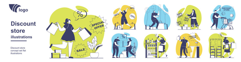 Discount store concept set for web design. Collection with people with bags making bargain purchases, clients buying with special prices at sales in stores and supermarkets. Vector illustration.