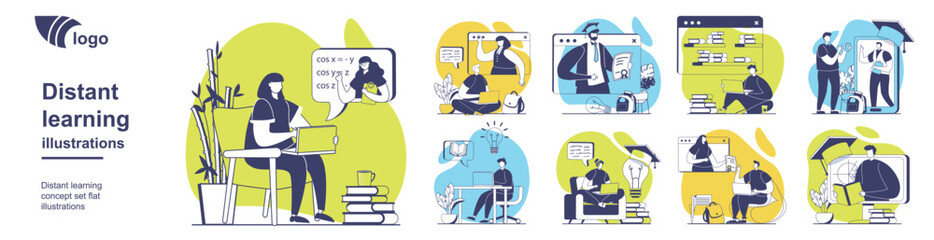 Distant learning concept set for web design. Collection with people studying online from laptops, students watching webinars and video lessons, training at virtual courses. Vector illustration.