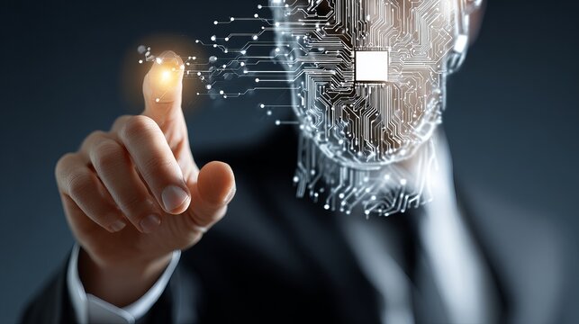 Professional hand interacts with glowing digital brain circuit board, symbolizing AI innovation and advanced technology - Powered by Adobe